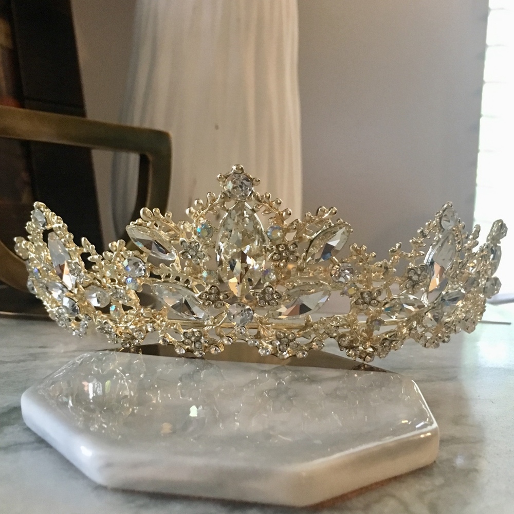 Gold Crystal Rhinestone Embellished Wedding Crown - Picture 5 of 8